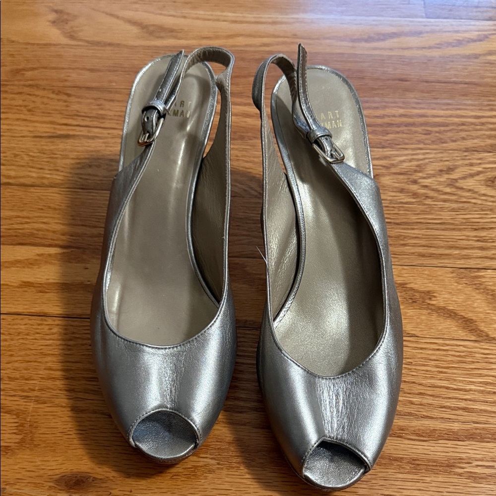 Stuart Weitzman Metallic Silver Slingback Heels
